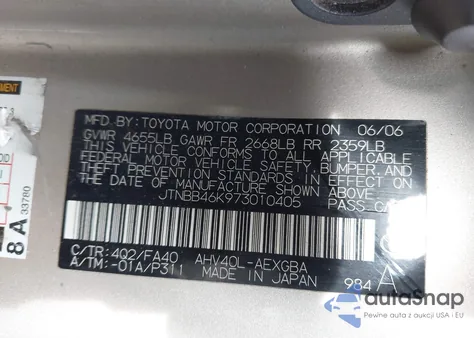 2007 Toyota Camry Hybrid z USA, uszkodzony, nr VIN JTNBB46K973010405